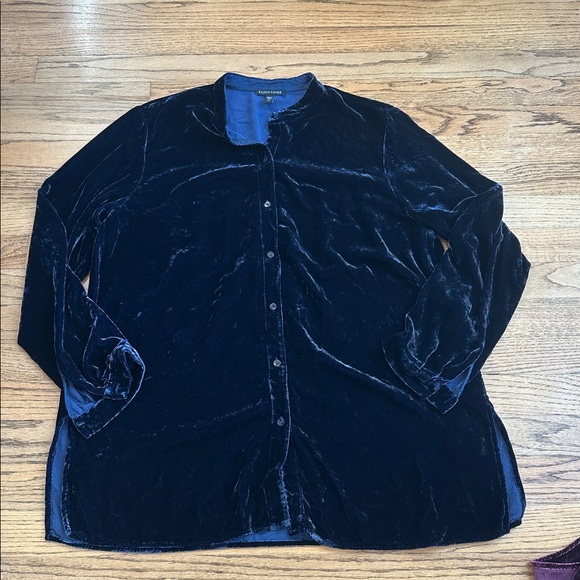 Bundle of 3 EILEEN FISHER Velvet Button Down Shirts - Blue, Hibiscus, Green - Picture 5 of 13